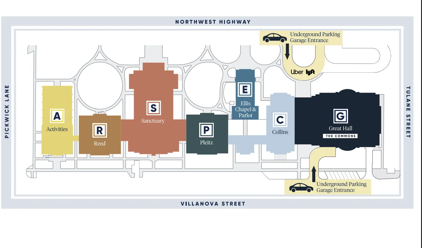 Park Cities Baptist Church campus map showing underground parking garage entrances off Northwest Highway and Villanova Street, the Great Hall, and Ellis Chapel